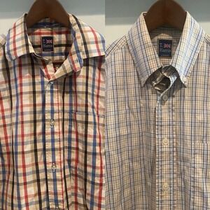 Lot Of 2 T. Harris London Shirts Men Medium Red Blue Plaid Check Long Sleeve